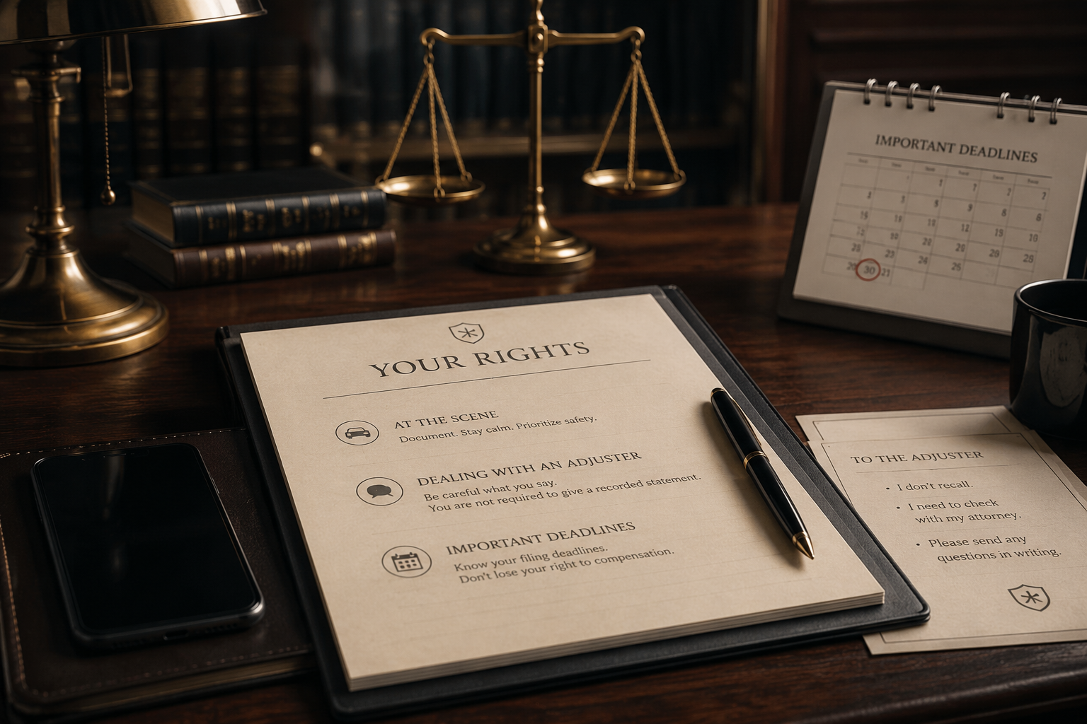 A "Your Rights" checklist on a clipboard covering the scene, adjuster calls and filing deadlines, beside a desk calendar and brass scales