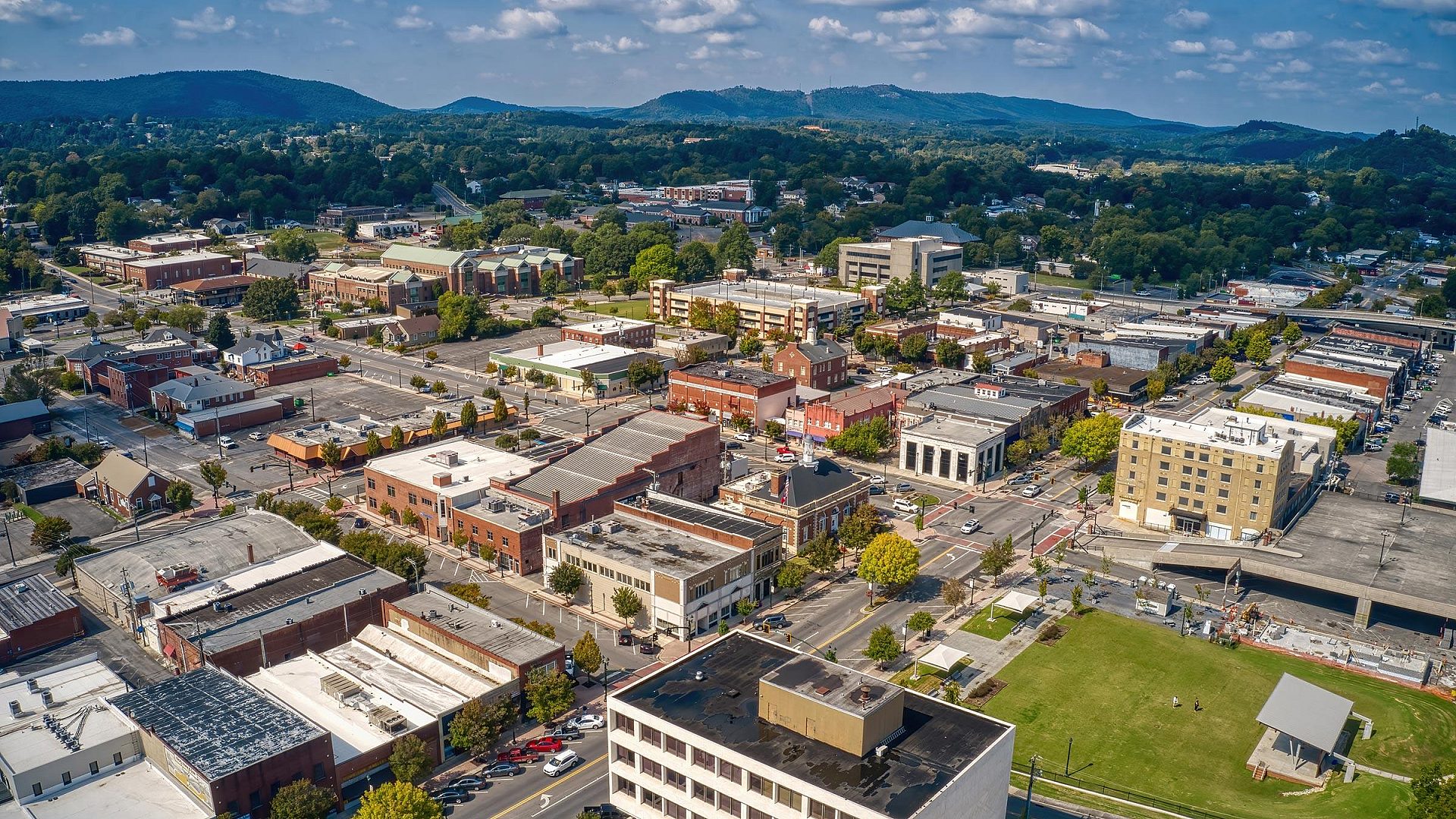 Aerial view of downtown Dalton, Georgia, with the north Georgia hills behind it