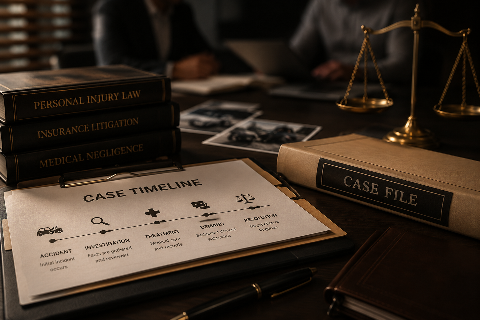 A case timeline laid out on a clipboard, beside stacked personal injury law volumes, a case file and brass scales