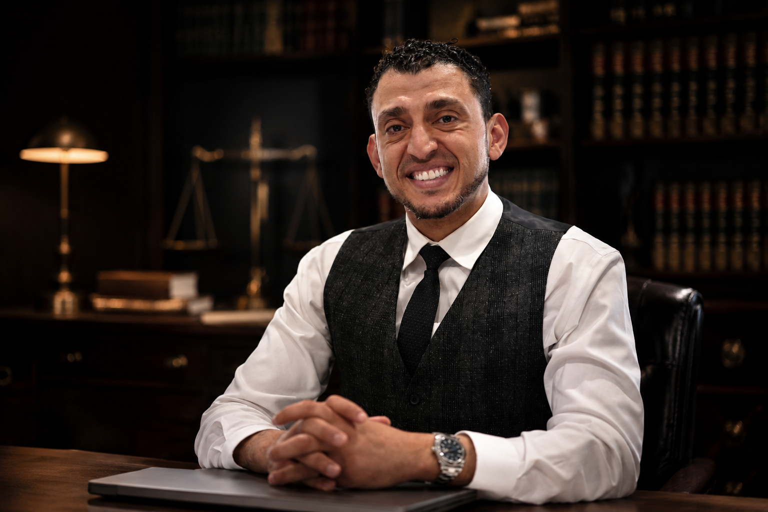 Ibrahim J. Awad seated at his desk, hands clasped, with law books and a set of scales behind him