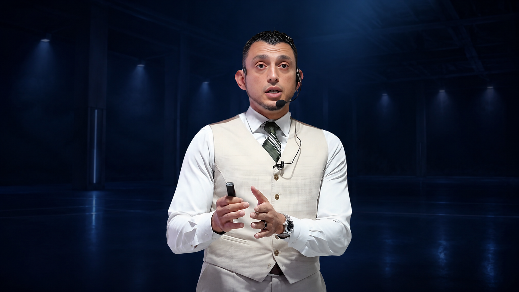 Ibrahim J. Awad mid-talk with a headset microphone and presenter clicker, lit against a dark hall