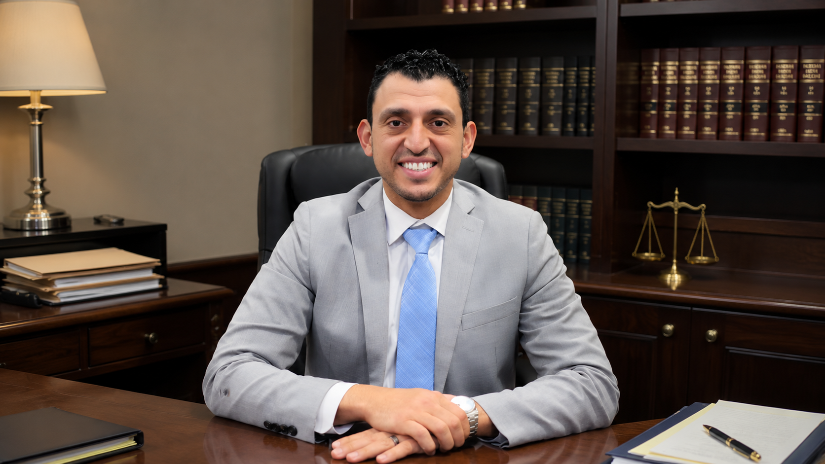 Ibrahim J. Awad at his desk, law reports and scales of justice behind him