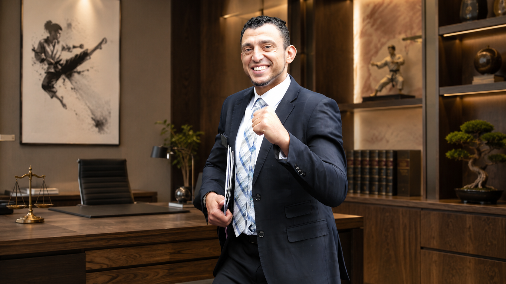 Ibrahim J. Awad in a suit with a raised fist, in an office holding karate artwork, a trophy, and the scales of justice