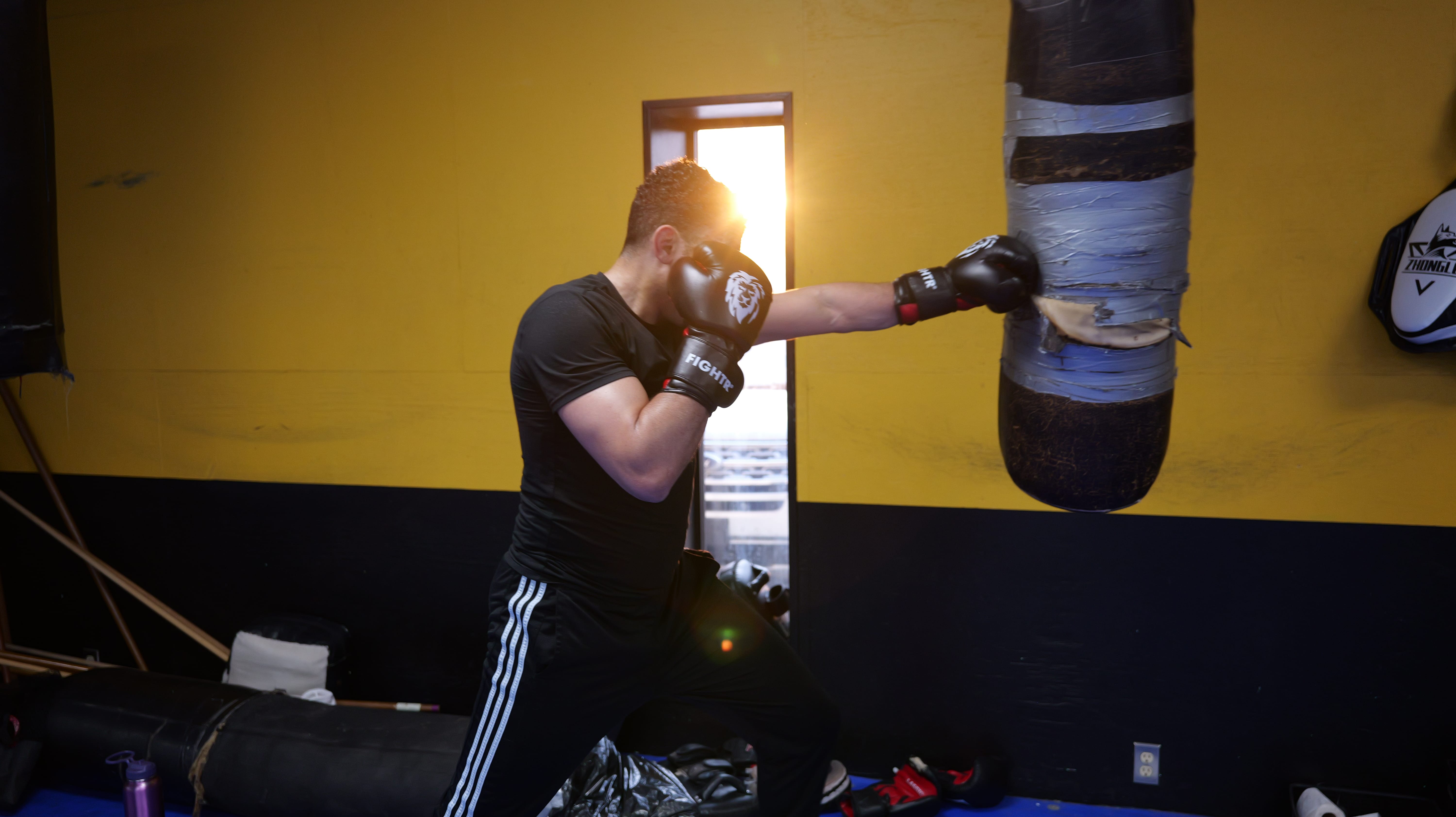 Ibrahim Awad training on the heavy bag