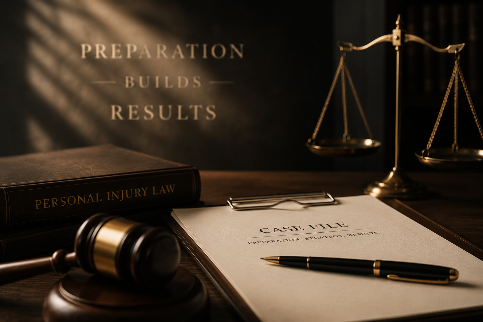 A case file, pen, gavel and a personal injury law volume on a desk, with a set of brass scales behind them