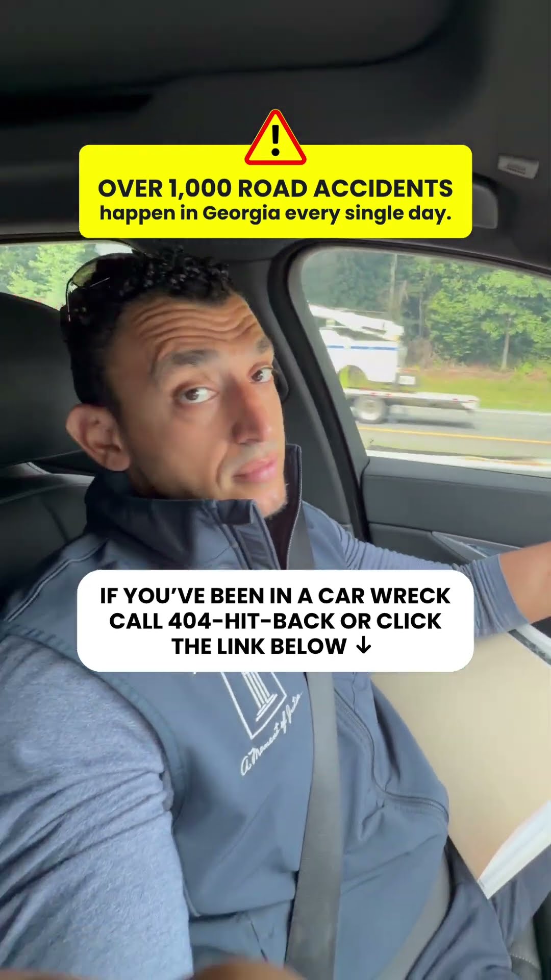 Ibrahim J. Awad driving, over a caption reading "Over 1,000 road accidents happen in Georgia every single day"
