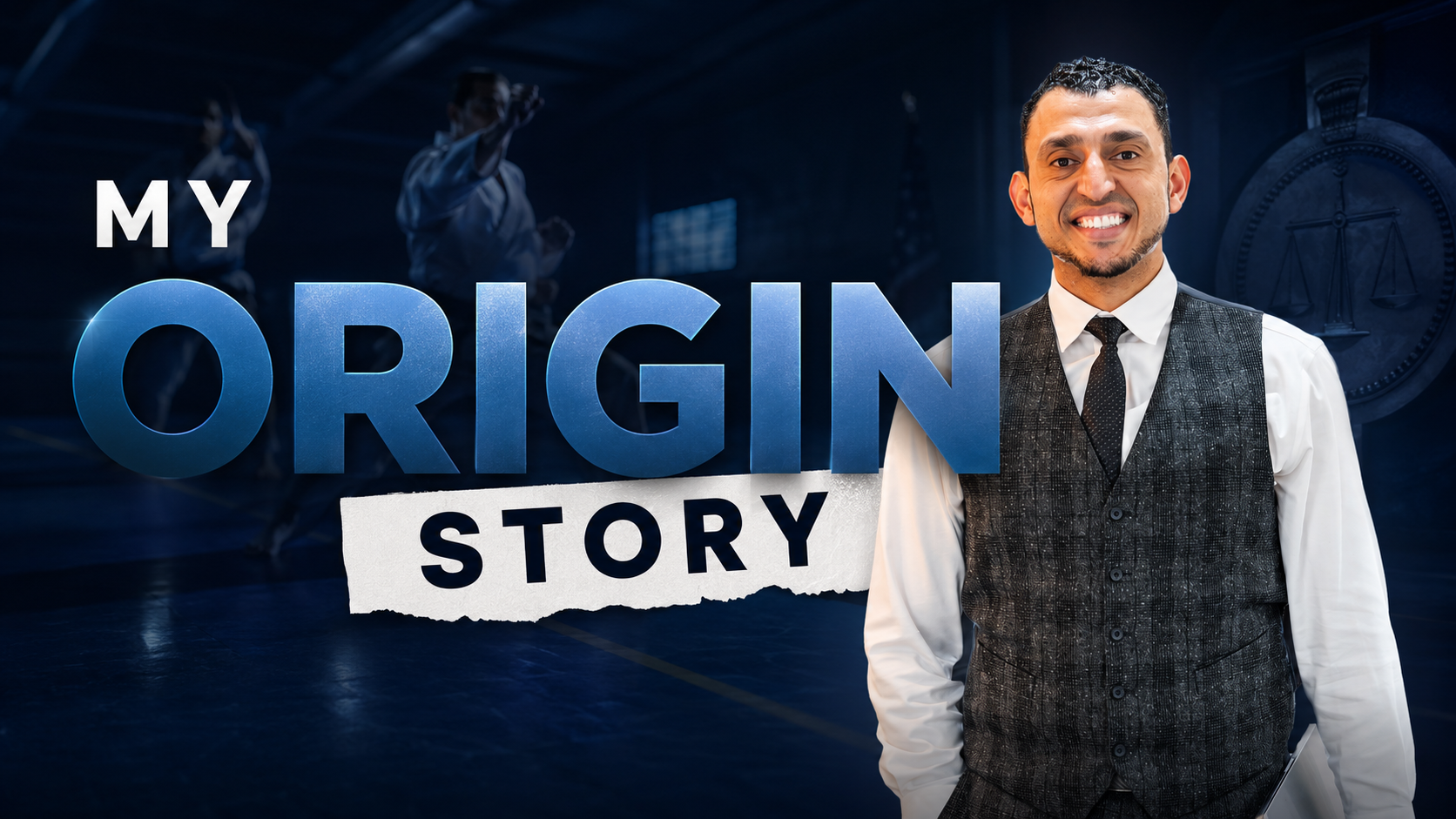 Title card reading "My Origin Story" — Ibrahim J. Awad in a waistcoat and tie, with a dojo and the scales of justice behind him